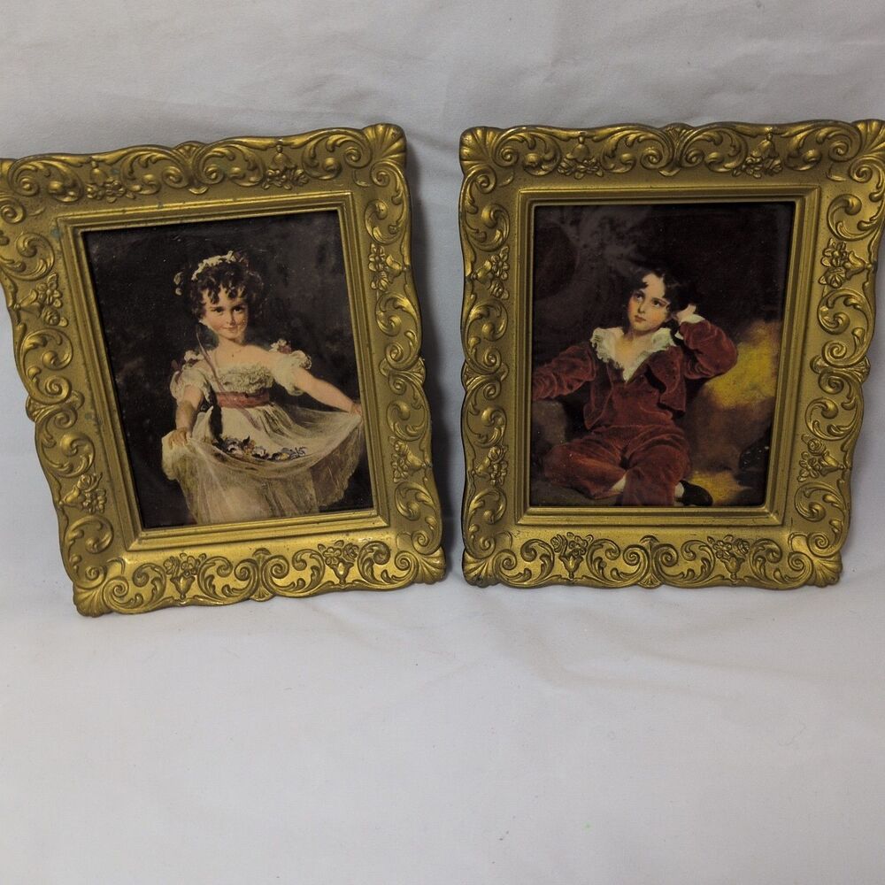 Vintage 70s Red Boy & Miss Murray Mini Gold Frames (Pair)